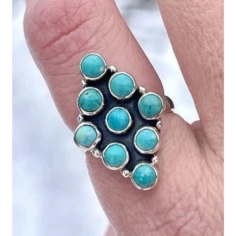 Native Style Turquoise Cluster Ring Sterling Silv… - image 1